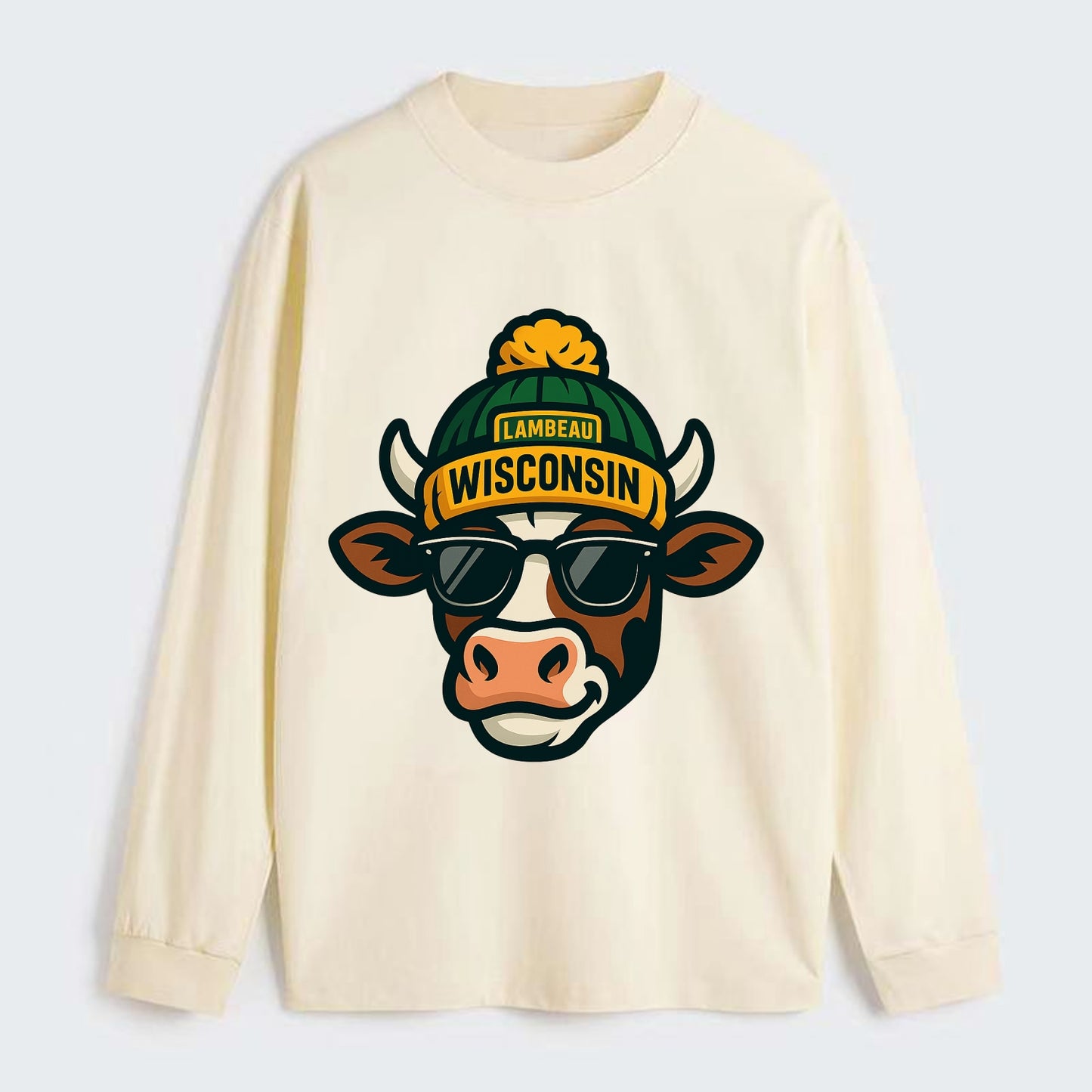 Wisconsin Cow wearing Packers beanie with Lambeau patch and wayfarer - Classic Long Sleeve Shirt - Beige