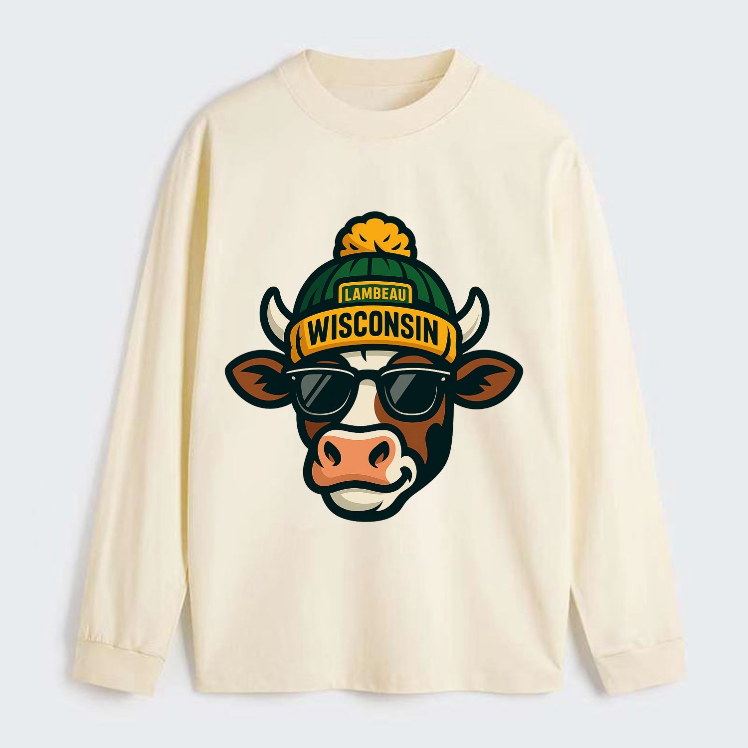 Wisconsin Cow wearing Packers beanie with Lambeau patch and wayfarer - Classic Long Sleeve Shirt - Beige