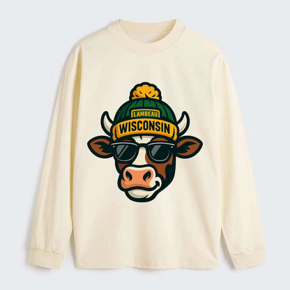 Wisconsin Cow wearing Packers beanie with Lambeau patch and wayfarer - Classic Long Sleeve Shirt - Beige