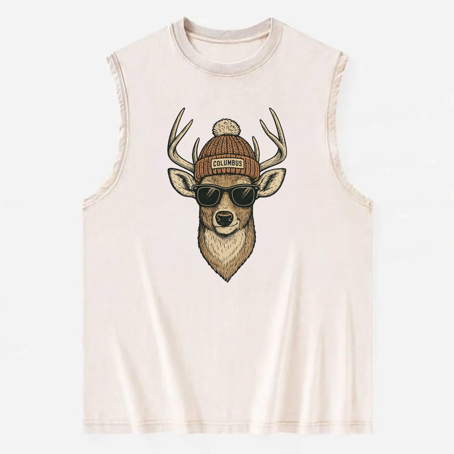Ohio White-tailed Deer wearing Columbus beanie with pom pom and wayfarer - Vintage Washed Tank - Beige