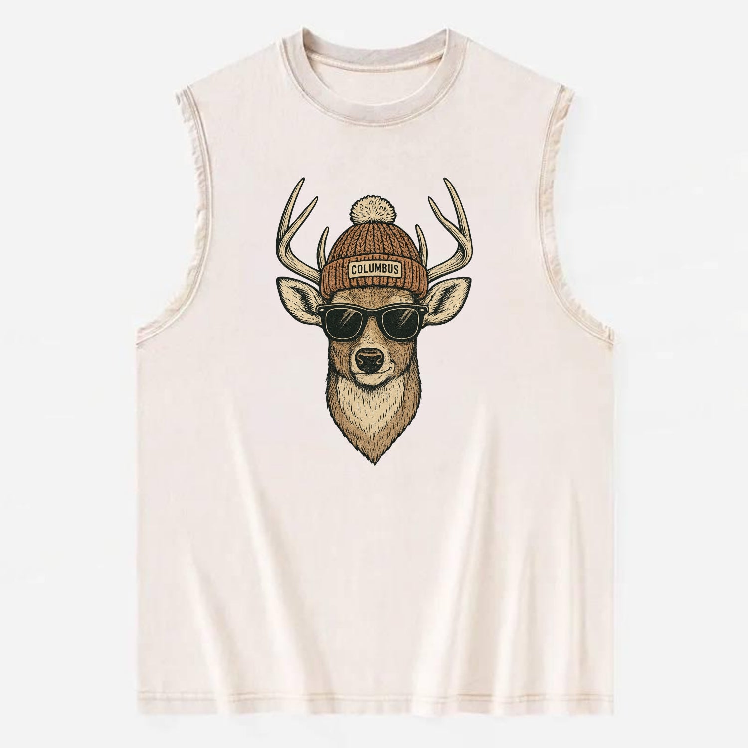 Ohio White-tailed Deer wearing Columbus beanie with pom pom and wayfarer - Vintage Washed Tank - Beige