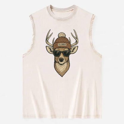 Ohio White-tailed Deer wearing Columbus beanie with pom pom and wayfarer - Vintage Washed Tank - Beige