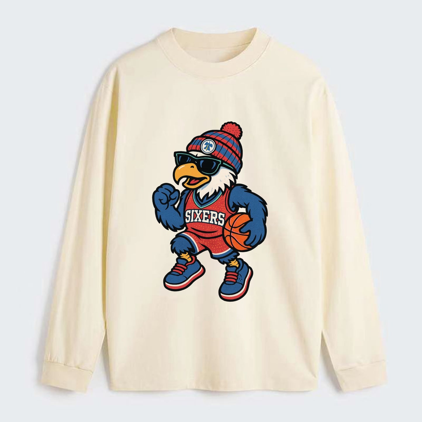 Philadelphia Eagle wearing 76ers red white and blue beanie with bell - Classic Long Sleeve Shirt - Beige