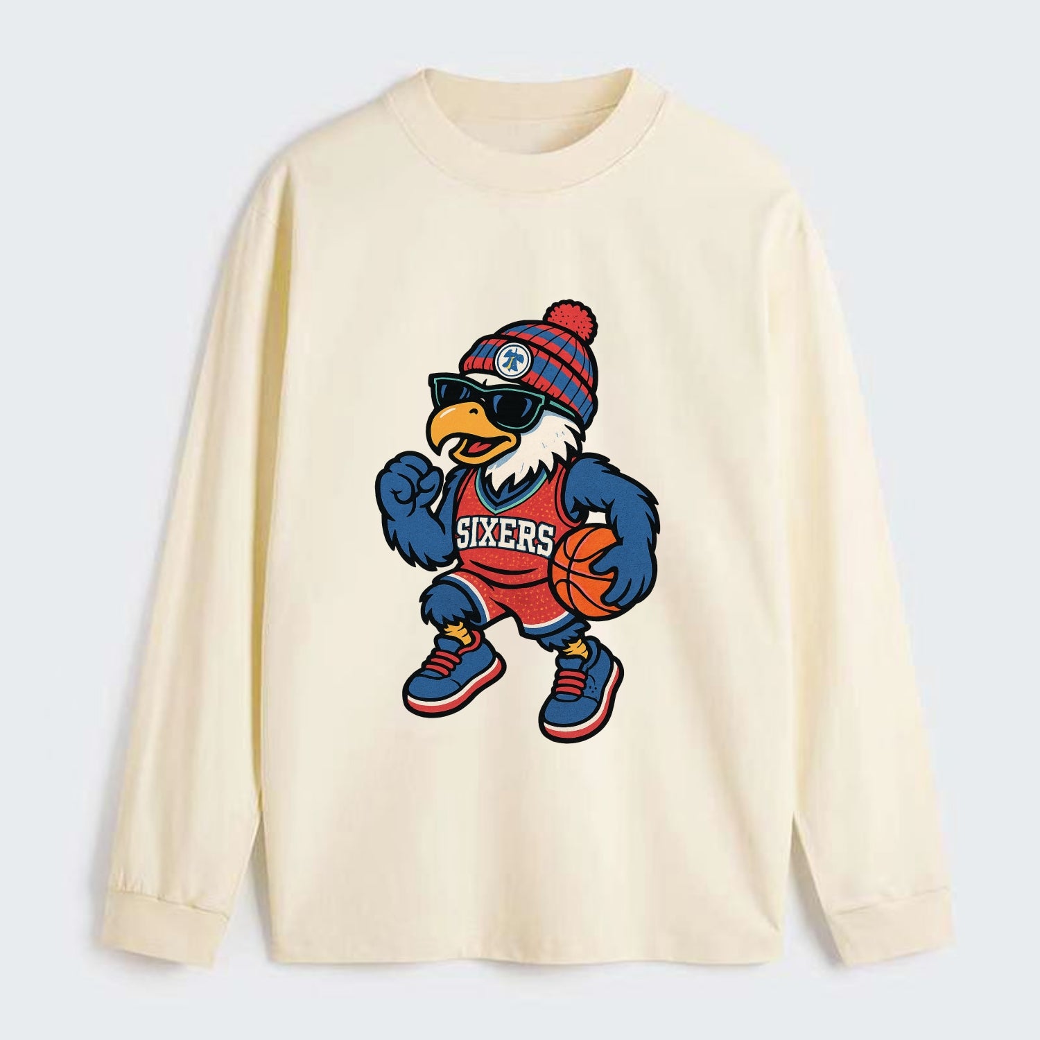 Philadelphia Eagle wearing 76ers red white and blue beanie with bell - Classic Long Sleeve Shirt - Beige
