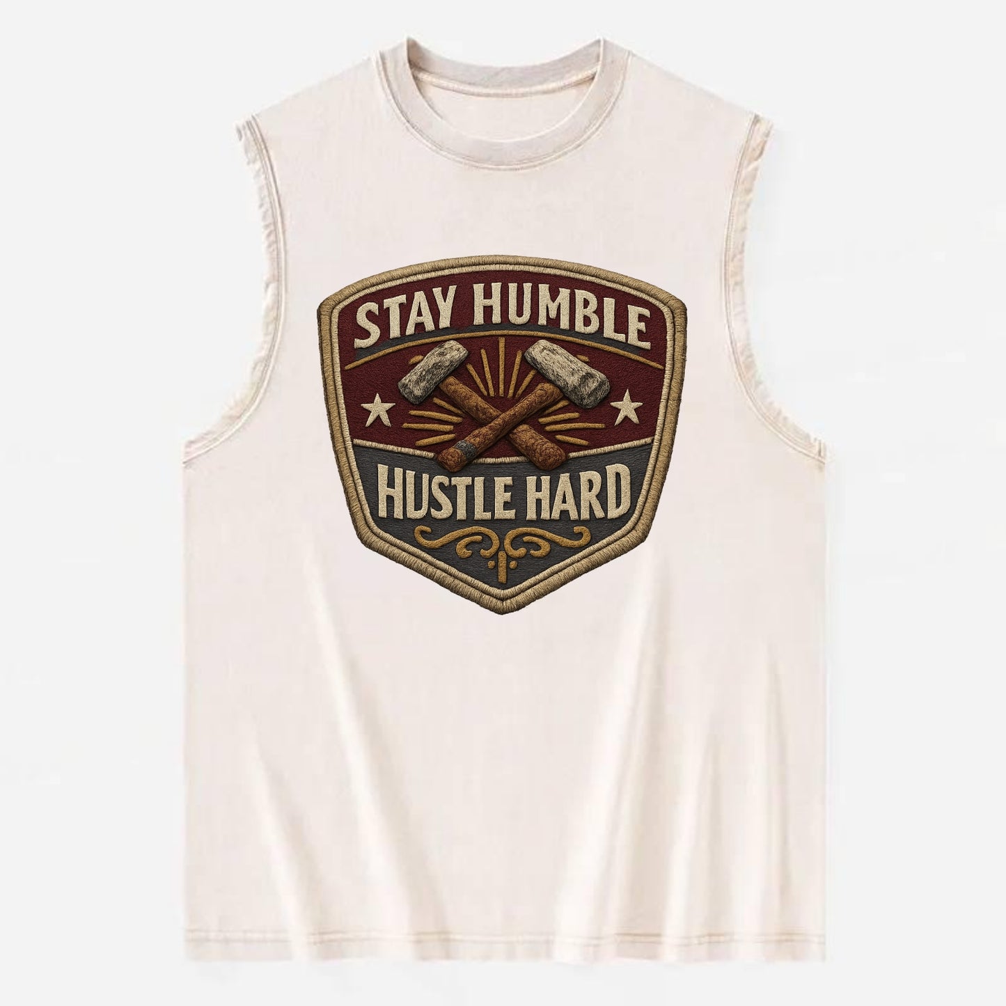 STAY HUMBLE HUSTLE HARD - text in silver , work ethic - Vintage Washed Tank - Beige