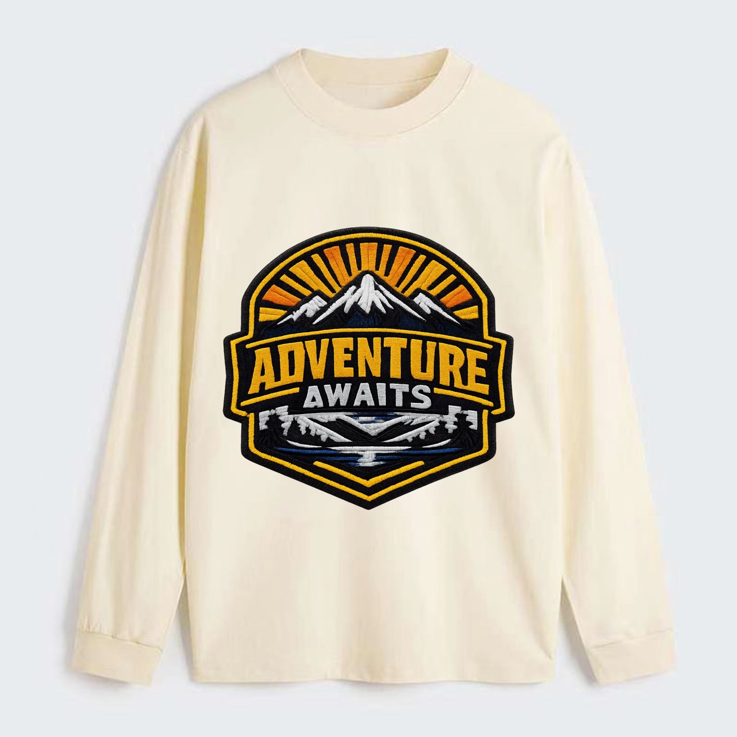 ADVENTURE AWAITS - mountain sunrise with text in gold and blue , - Classic Long Sleeve Shirt - Beige
