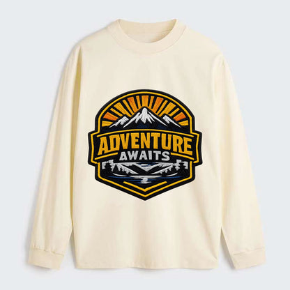 ADVENTURE AWAITS - mountain sunrise with text in gold and blue , - Classic Long Sleeve Shirt - Beige