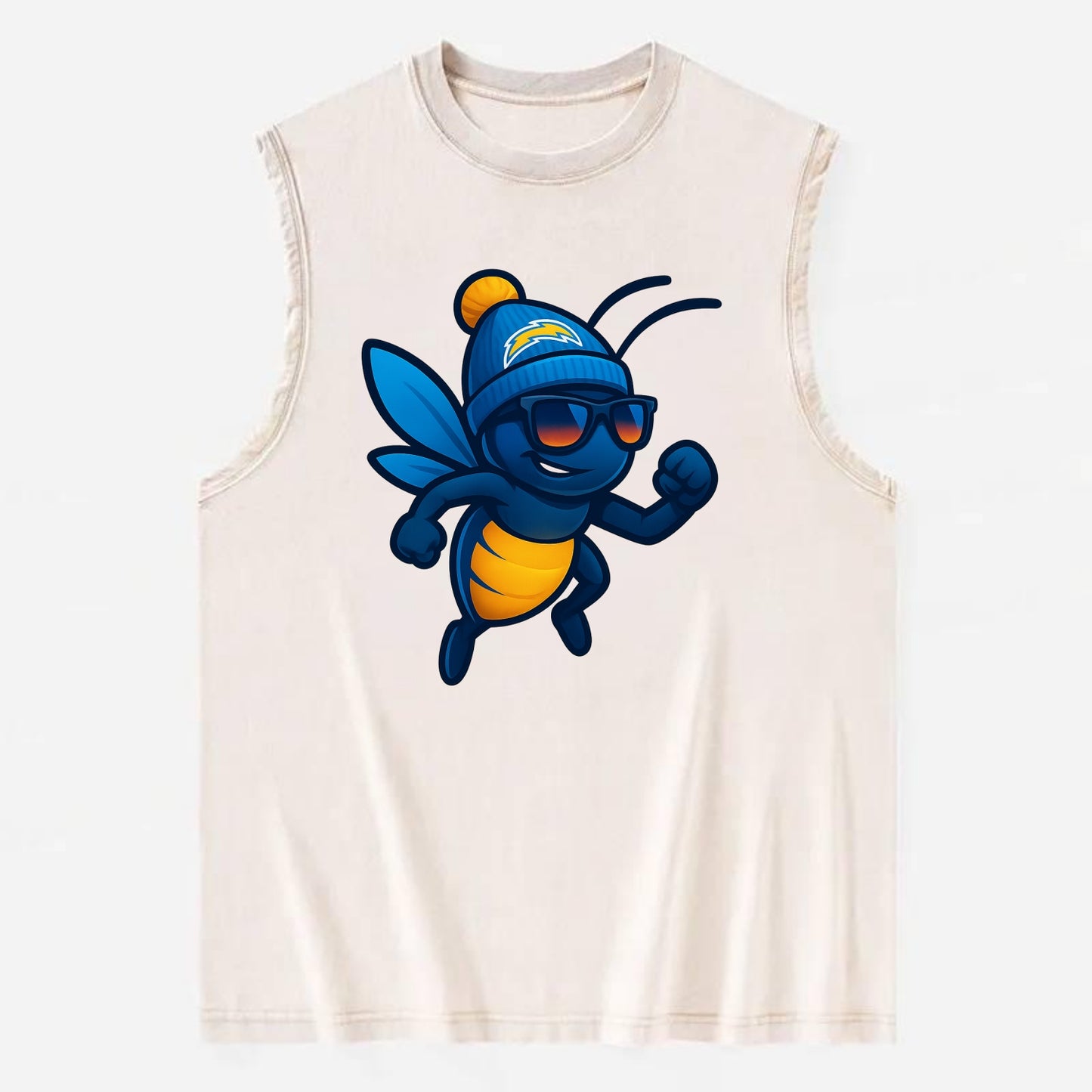 LA Lightning Bug wearing Chargers powder blue and gold beanie with pom pom - Vintage Washed Tank - Beige