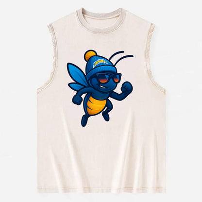 LA Lightning Bug wearing Chargers powder blue and gold beanie with pom pom - Vintage Washed Tank - Beige