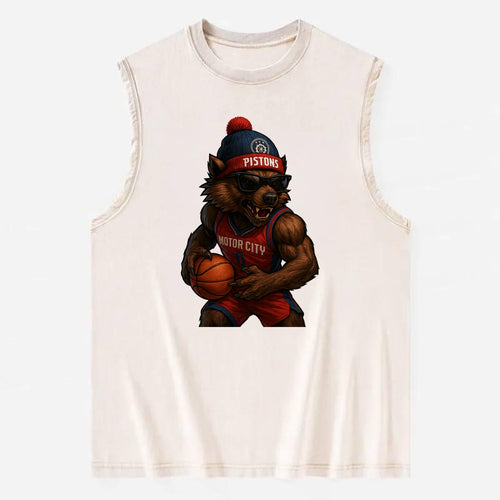 Motor City Wolverine wearing Pistons beanie with gear patch and wayfarer - Vintage Washed Tank