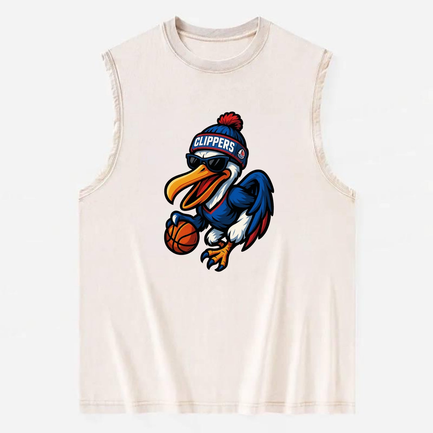 Los Angeles Pelican wearing Clippers beanie with sailboat patch and wayfarer - Vintage Washed Tank - Beige