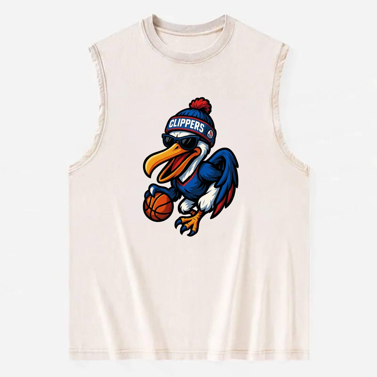 Los Angeles Pelican wearing Clippers beanie with sailboat patch and wayfarer - Vintage Washed Tank - Beige