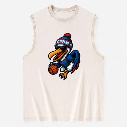 Los Angeles Pelican wearing Clippers beanie with sailboat patch and wayfarer - Vintage Washed Tank - Beige