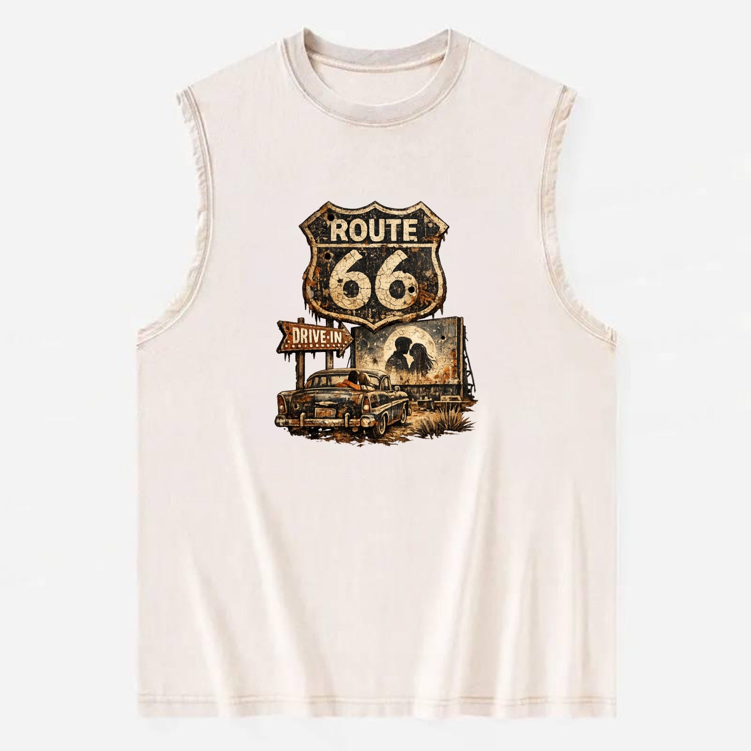 DRIVE-IN | Classic car at drive-in theater | Movie night romance | Americana - Vintage Washed Tank - Beige