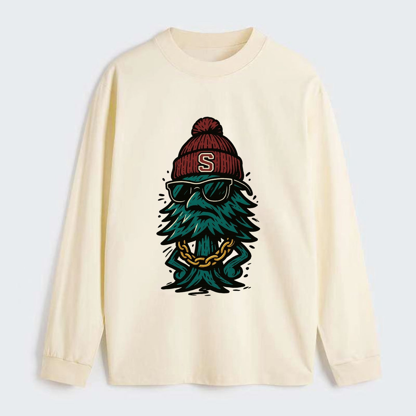 Palo Alto Tree wearing Stanford beanie with S patch - Classic Long Sleeve Shirt - Beige