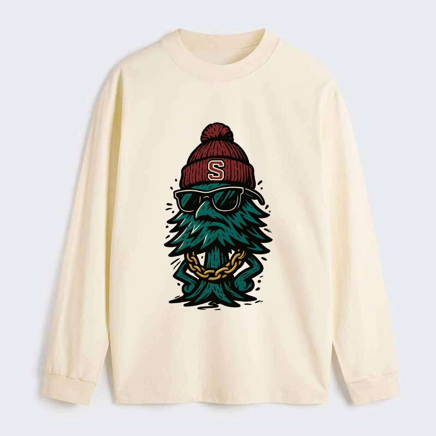 Palo Alto Tree wearing Stanford beanie with S patch - Classic Long Sleeve Shirt - Beige