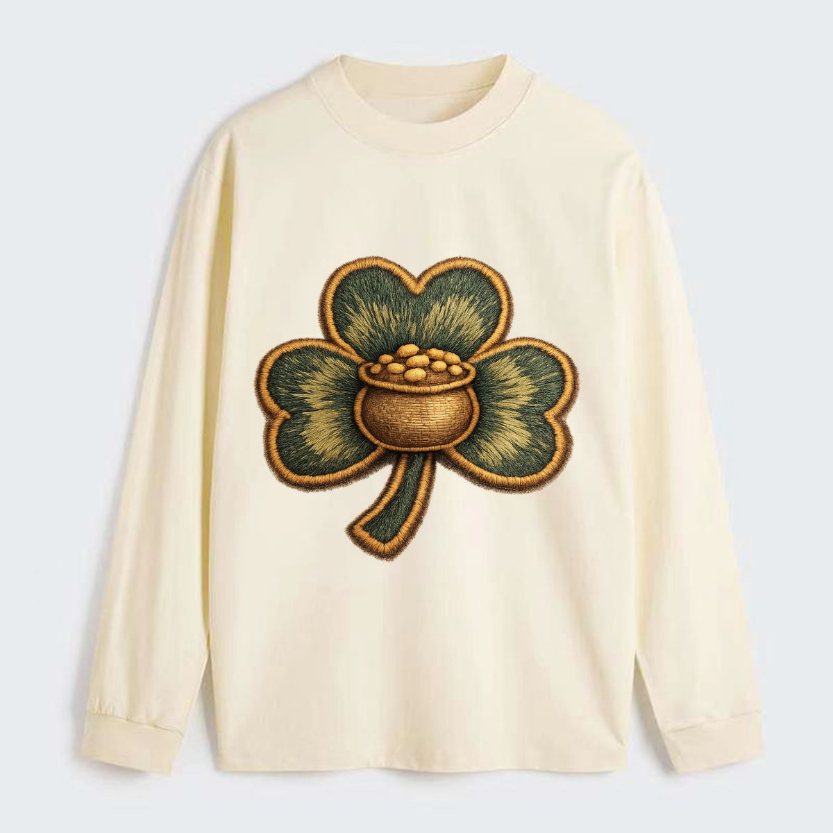ST PATRICKS CLOVER - lucky clover with gold in green and gold , Irish - Classic Long Sleeve Shirt - Beige
