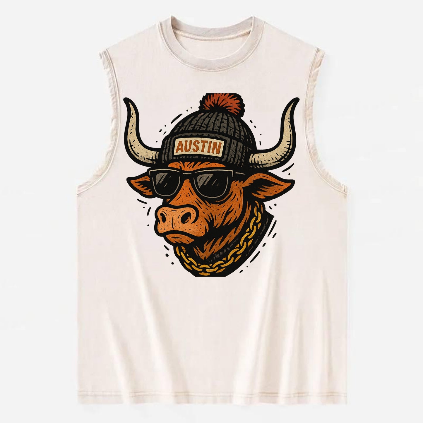 Texas Longhorn wearing Austin beanie with pom pom and wayfarer sunglasses - Vintage Washed Tank - Beige
