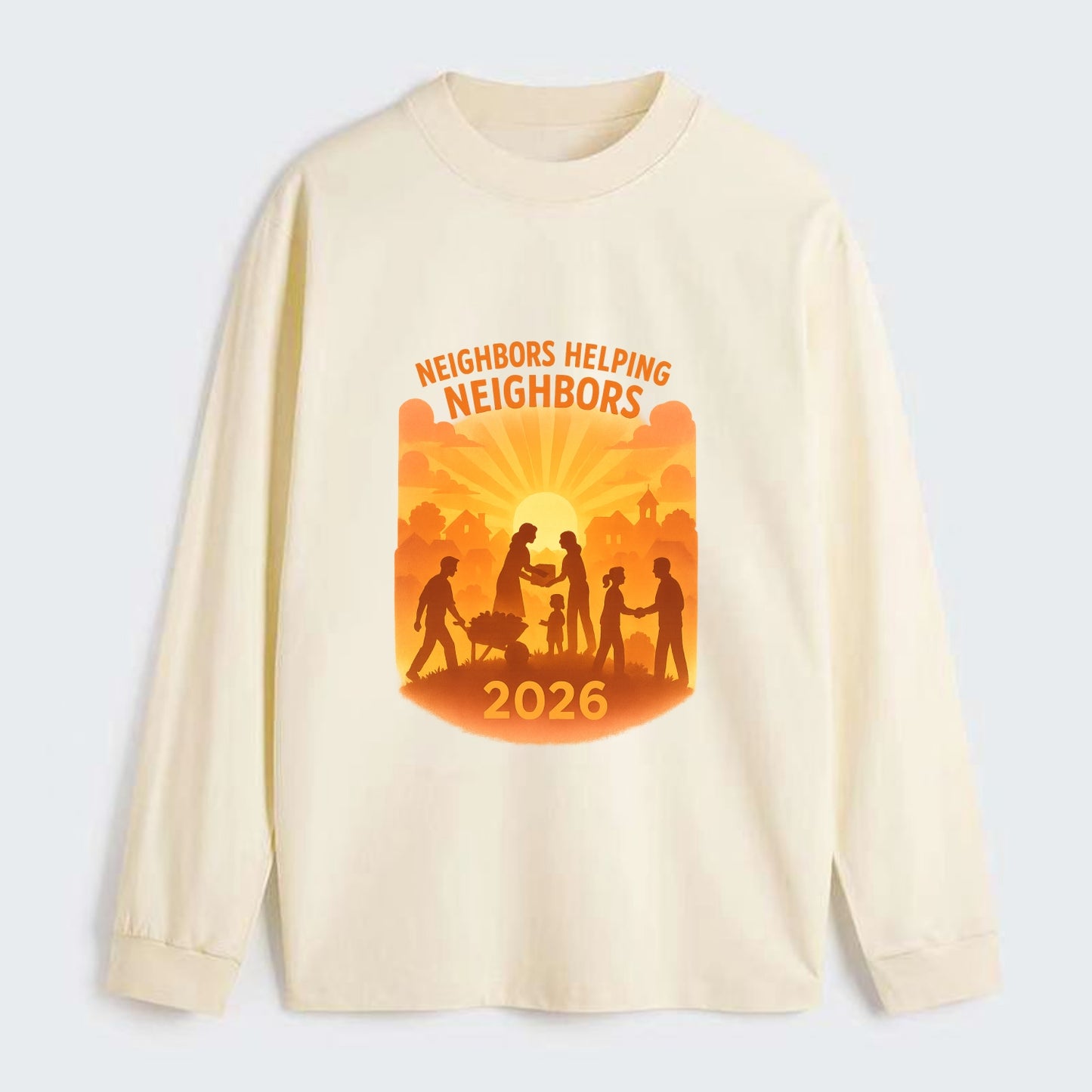 Local communities thriving with shared resources - "Neighbors Helping - Classic Long Sleeve Shirt - Beige
