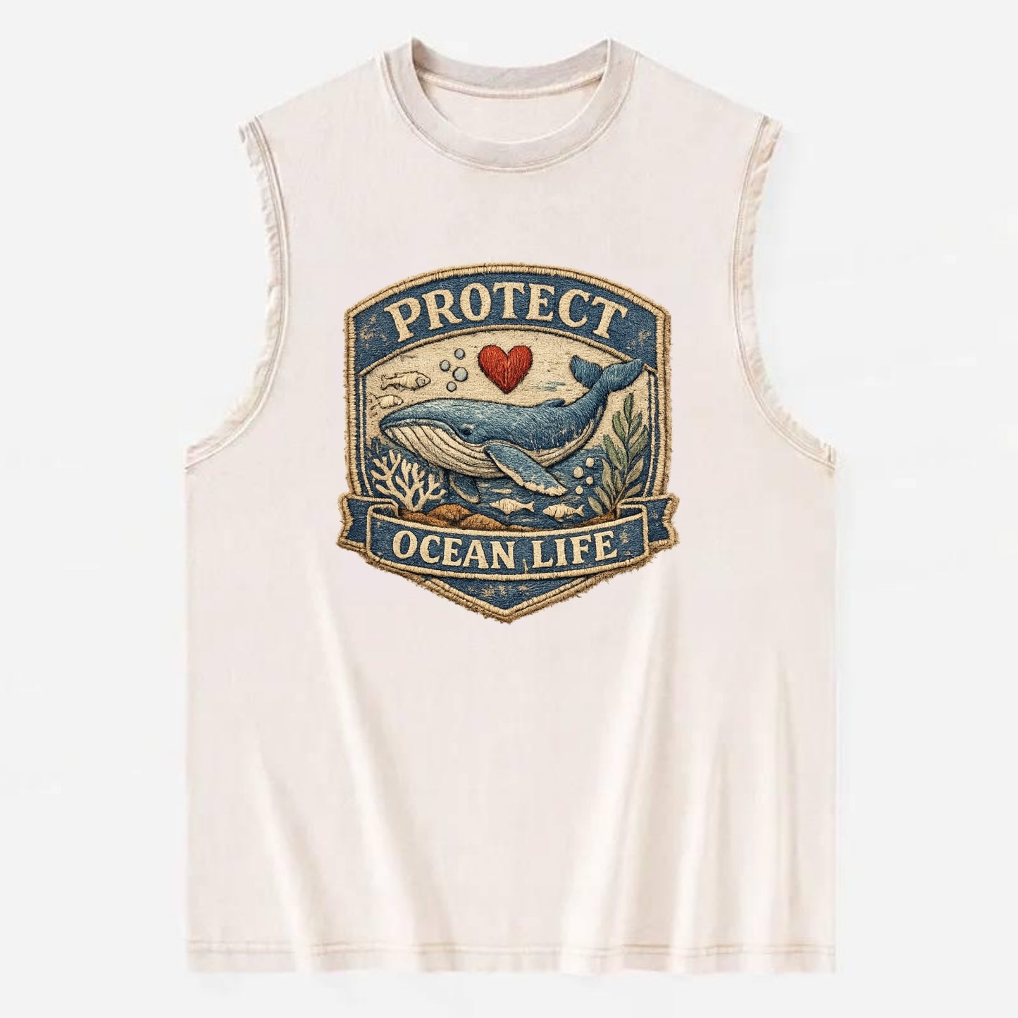 PROTECT OCEAN LIFE - whale with heart in blue , marine conservation - Vintage Washed Tank - Beige