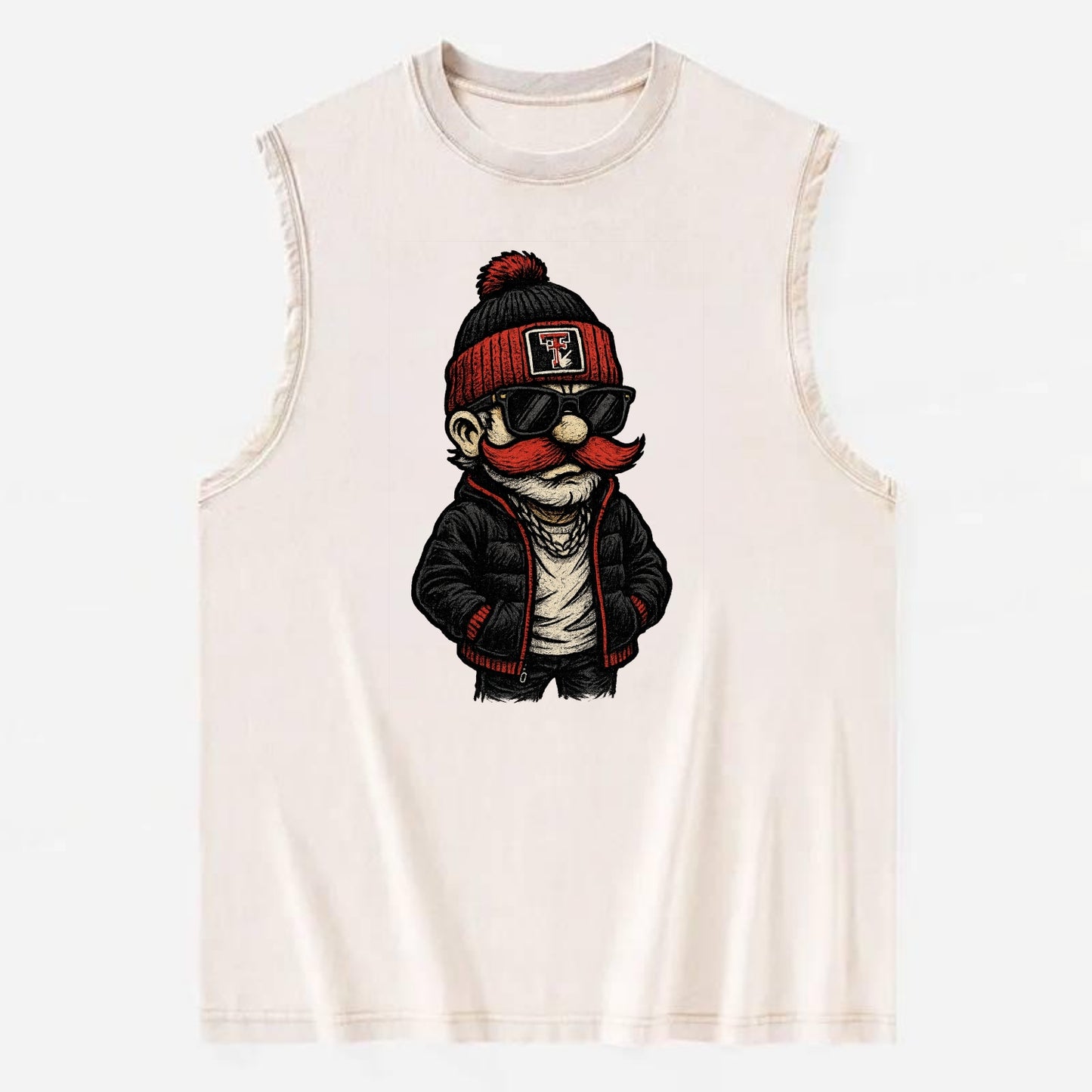Lubbock Raider wearing Texas Tech beanie with guns up patch - Vintage Washed Tank - Beige