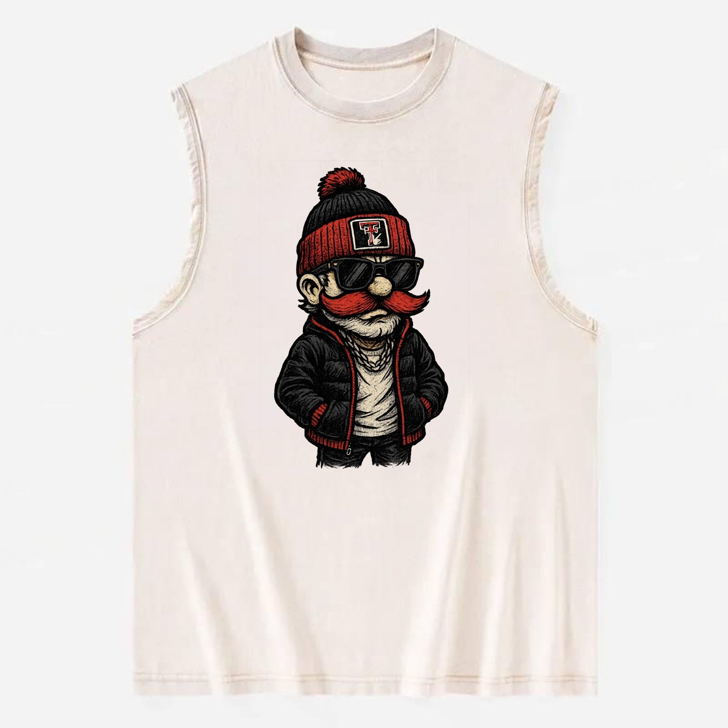 Lubbock Raider wearing Texas Tech beanie with guns up patch - Vintage Washed Tank - Beige