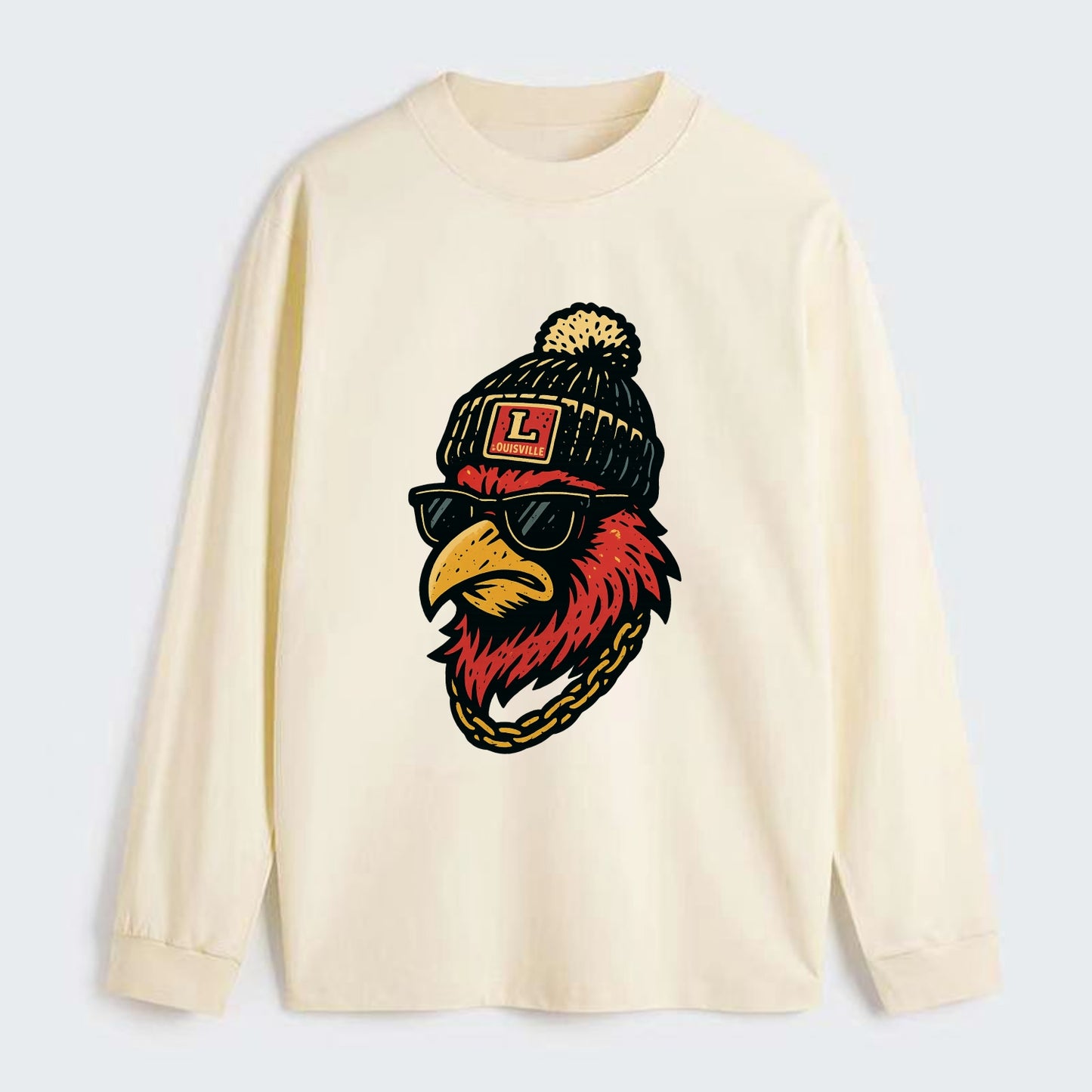 Louisville Cardinal wearing Louisville beanie with L patch - Classic Long Sleeve Shirt - Beige