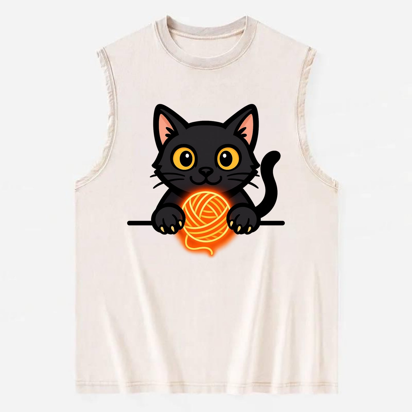 Midnight the black cat popping out of a gift box lid with ribbon trails. - Vintage Washed Tank - Beige