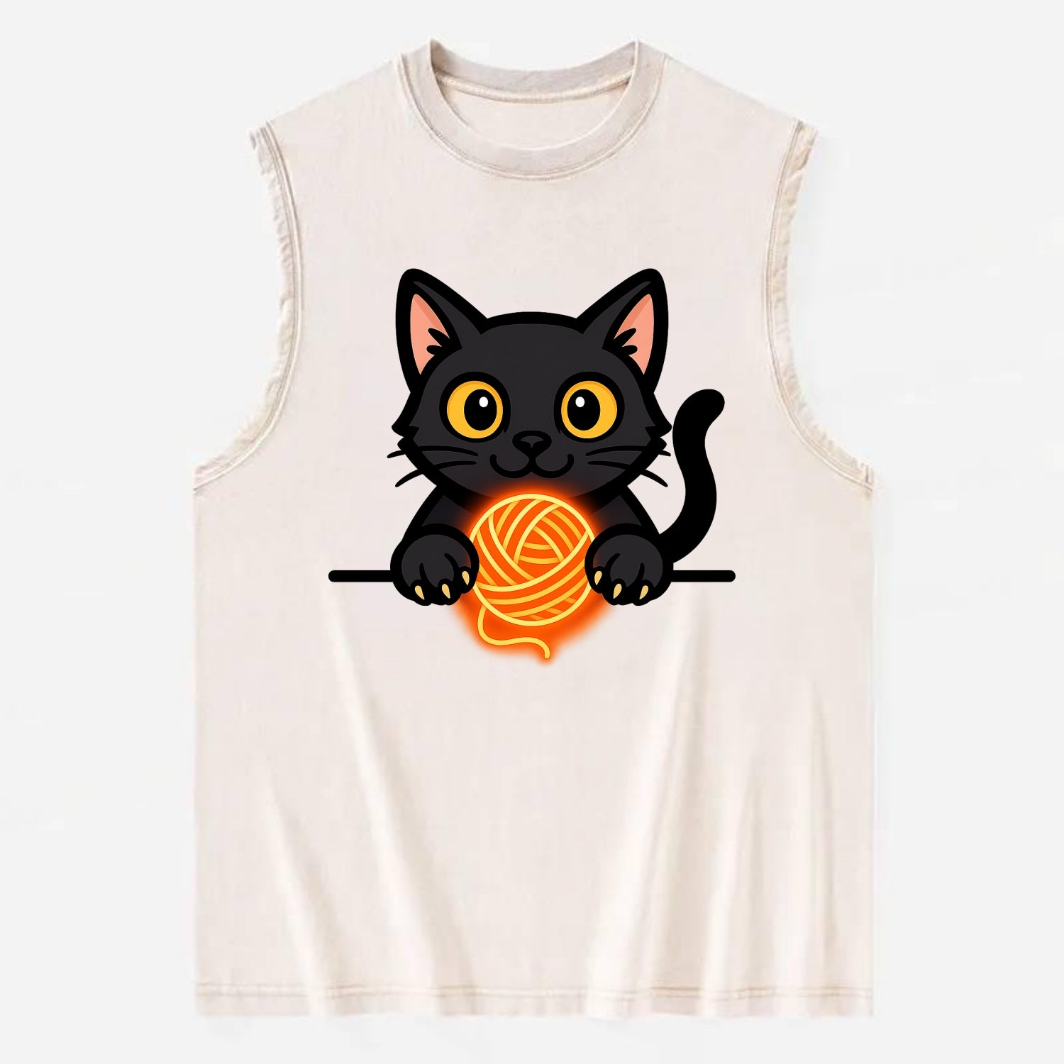 Midnight the black cat popping out of a gift box lid with ribbon trails. - Vintage Washed Tank - Beige