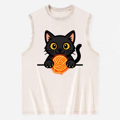 Midnight the black cat popping out of a gift box lid with ribbon trails. - Vintage Washed Tank - Beige