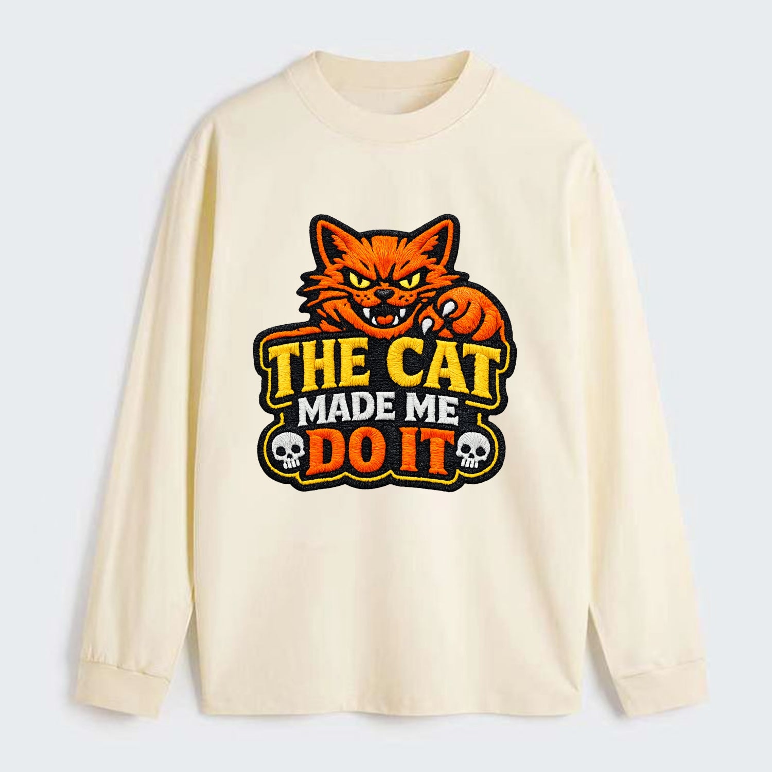 THE CAT MADE ME DO IT - mischievous cat in orange , blame the cat - Classic Long Sleeve Shirt - Beige