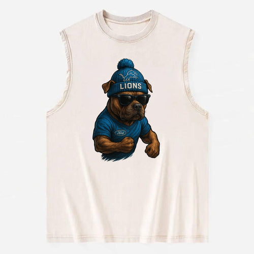 Detroit Pitbull wearing Lions beanie with auto patch and wayfarer sunglasses - Vintage Washed Tank