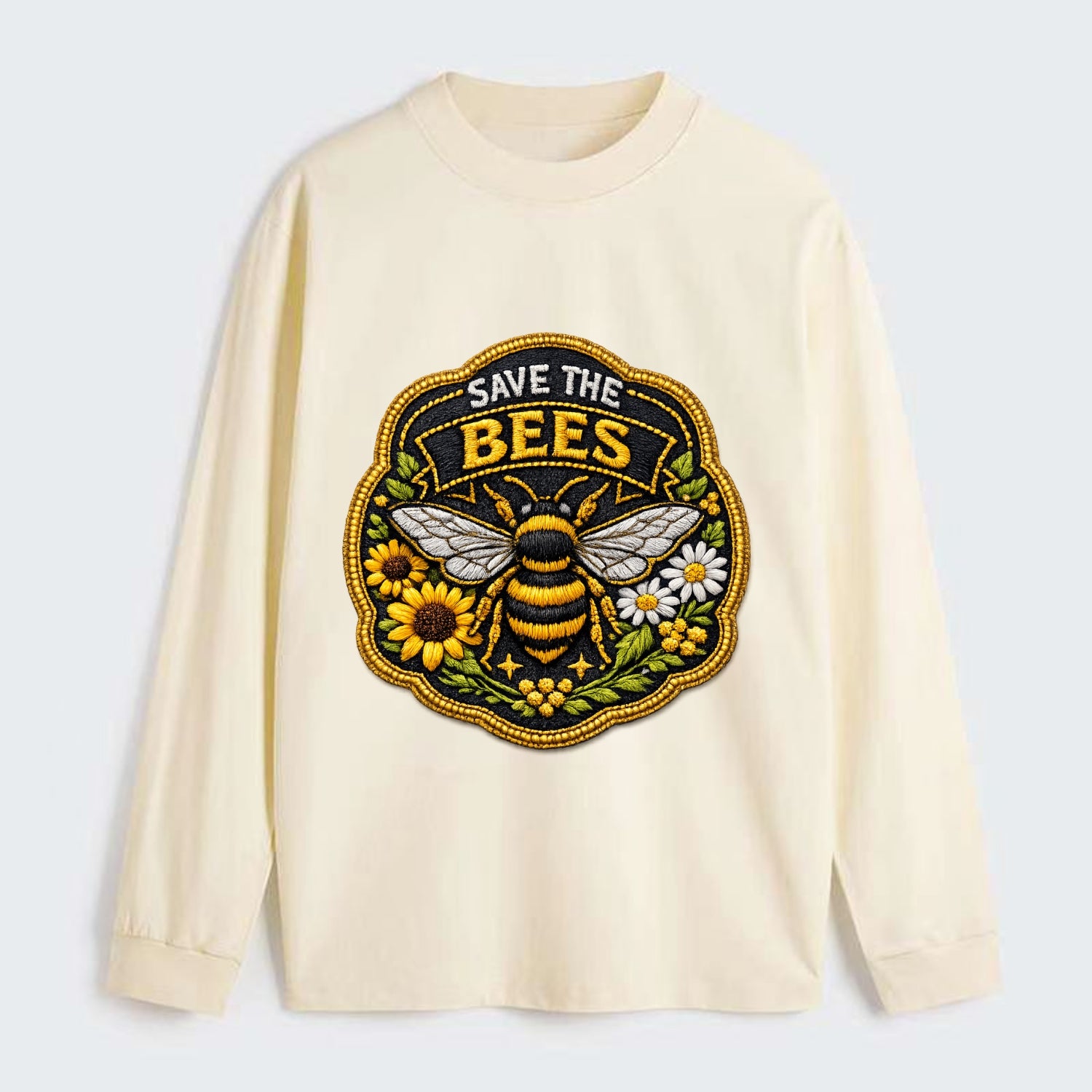 SAVE THE BEES - bee with flowers in yellow , pollinator protection - Classic Long Sleeve Shirt - Beige