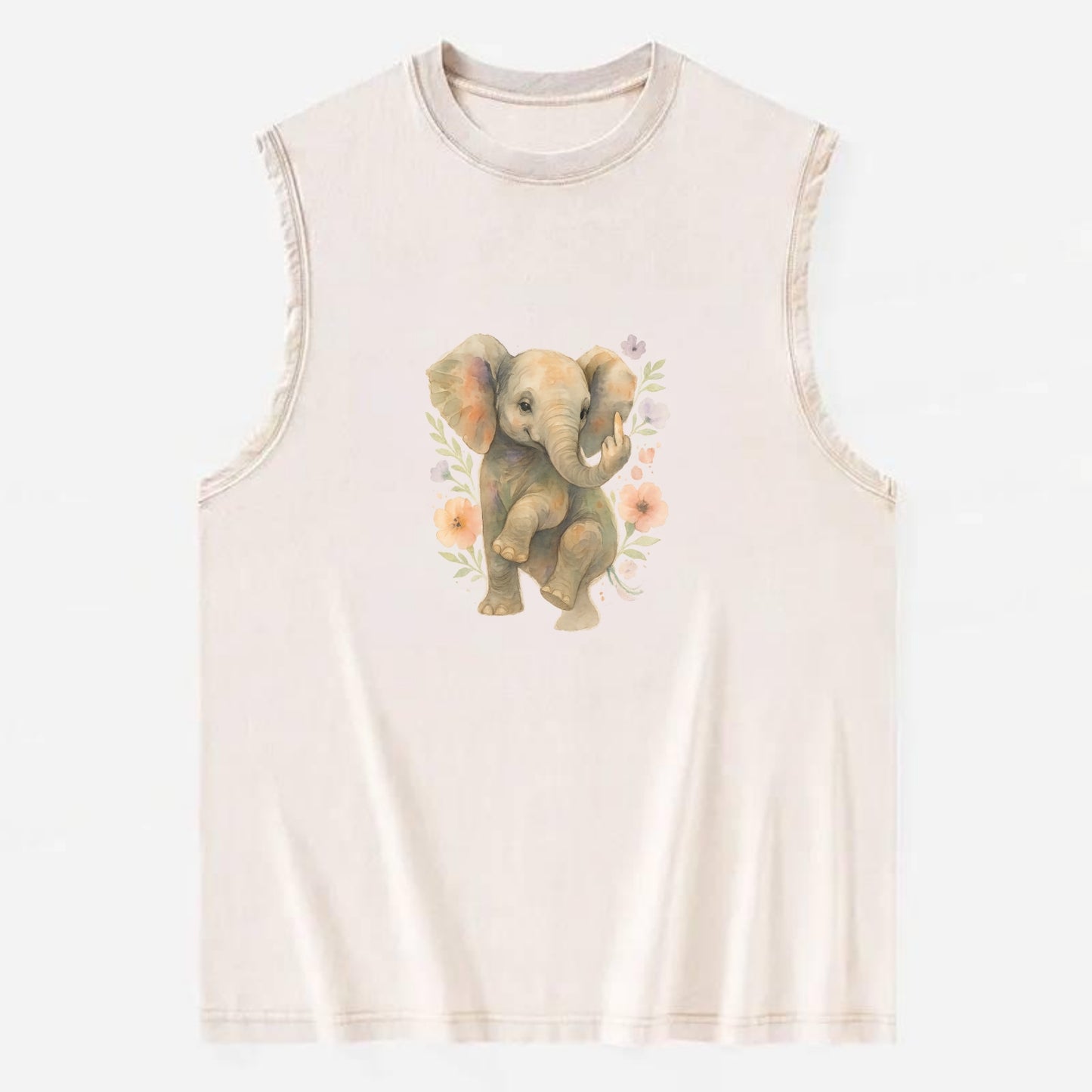 baby elephant with trunk up, one foot raised with middle toe extended - Vintage Washed Tank - Beige
