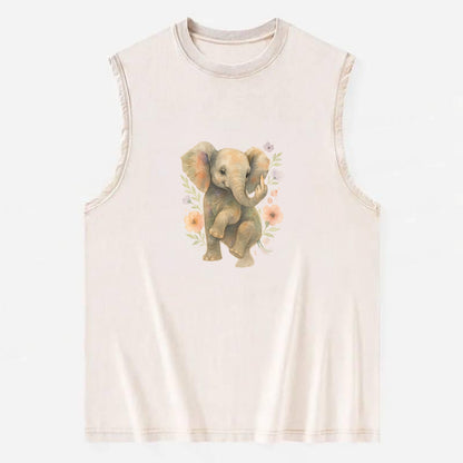 baby elephant with trunk up, one foot raised with middle toe extended - Vintage Washed Tank - Beige