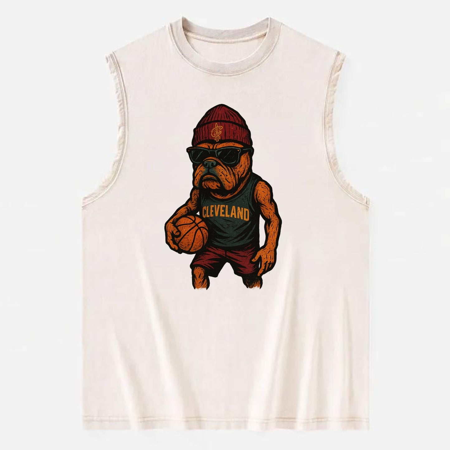 Cleveland Bulldog wearing Cavaliers wine and gold beanie with sword patch and - Vintage Washed Tank - Beige