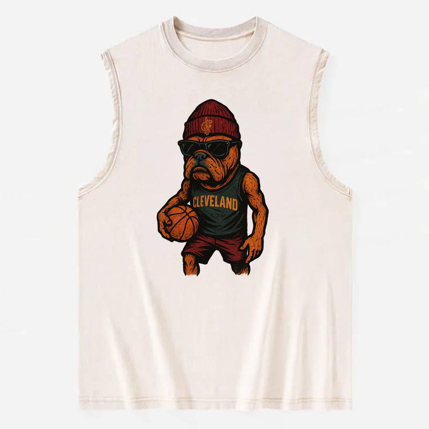 Cleveland Bulldog wearing Cavaliers wine and gold beanie with sword patch and - Vintage Washed Tank - Beige