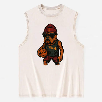 Cleveland Bulldog wearing Cavaliers wine and gold beanie with sword patch and - Vintage Washed Tank - Beige