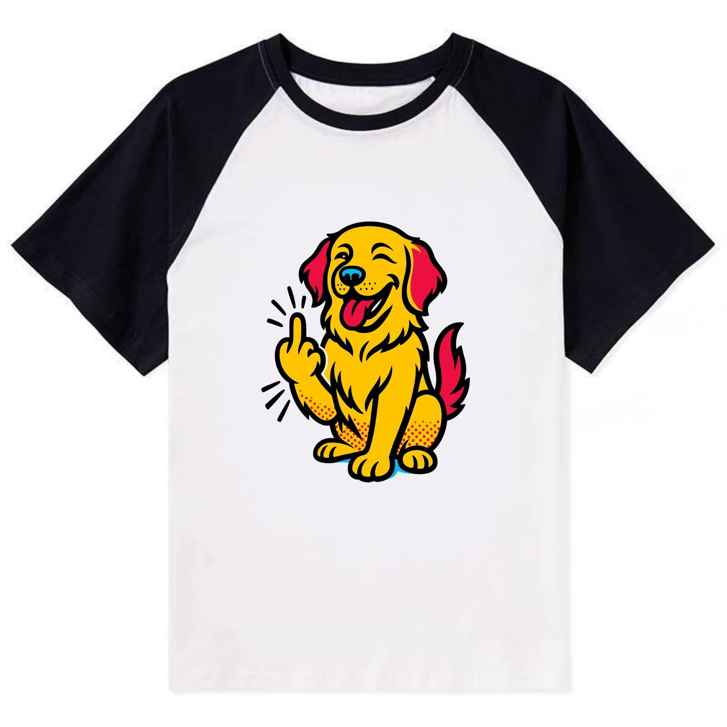 Golden Retriever with happy smile and golden coat, fluffy paw raised - Contrast Raglan T-shirt - Black