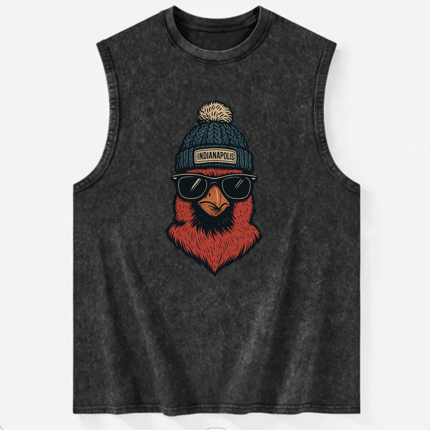 Indiana Cardinal wearing Indianapolis beanie with pom pom and wayfarer - Vintage Washed Tank - Black