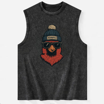 Indiana Cardinal wearing Indianapolis beanie with pom pom and wayfarer - Vintage Washed Tank - Black