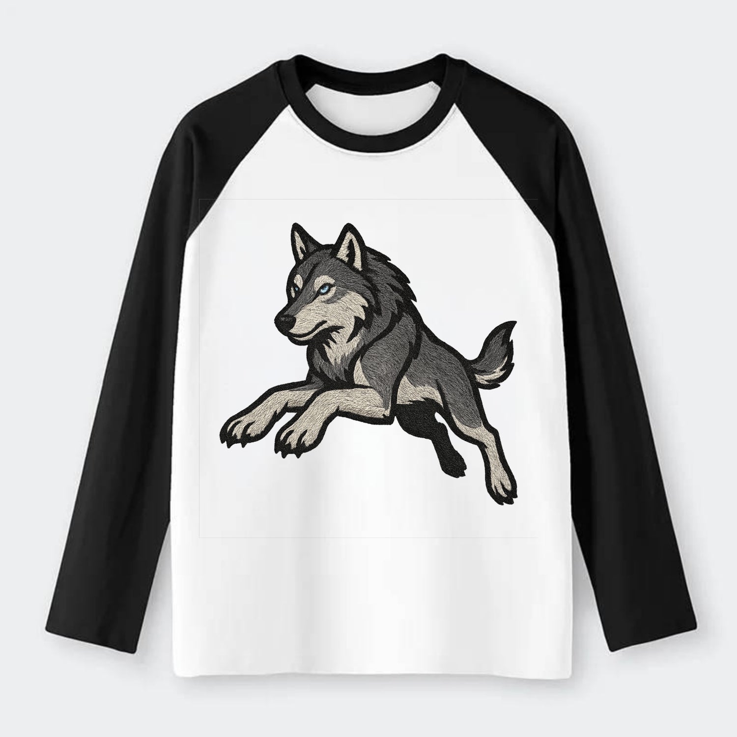 Wolf Leaping Action  - Raglan Long Sleeve T-Shirt - Black
