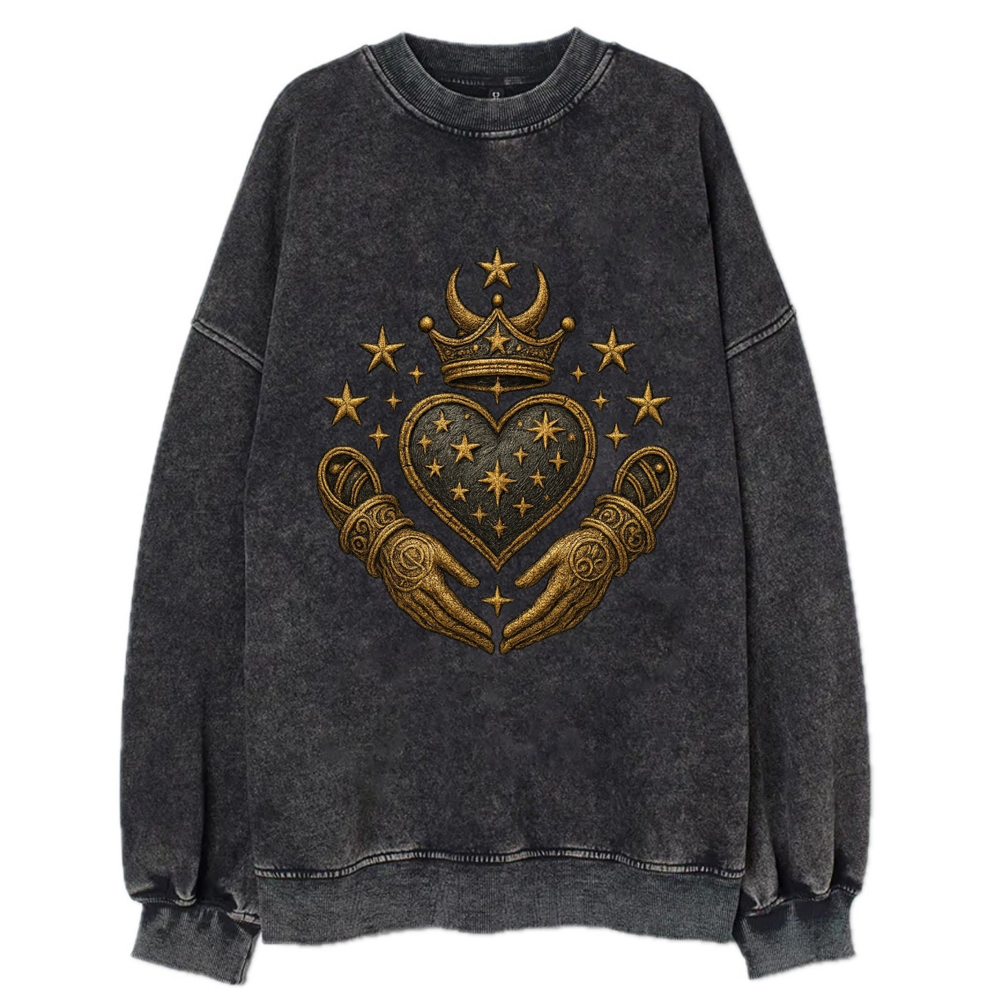 Weathered antique brass crown above a hammered gunmetal heart framed by - Vintage Sweatshirt - Black