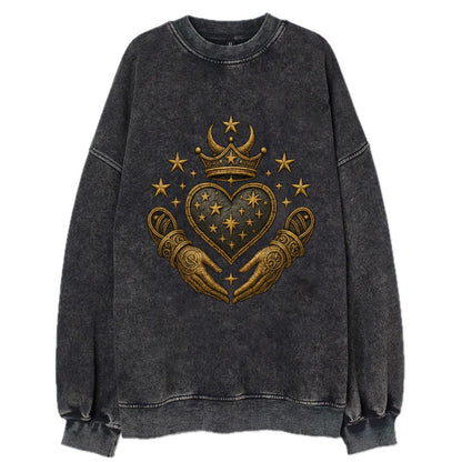 Weathered antique brass crown above a hammered gunmetal heart framed by - Vintage Sweatshirt - Black