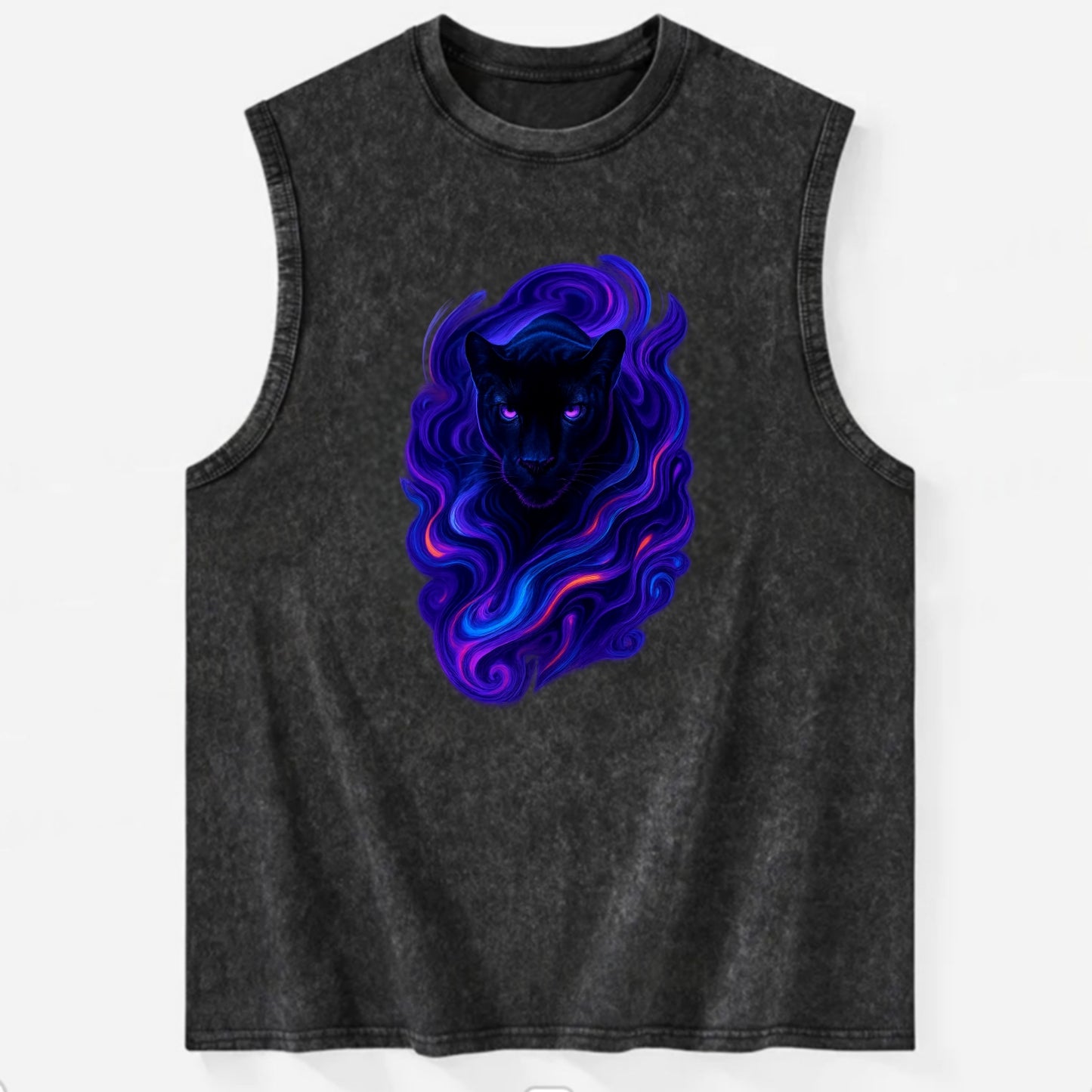 Sleek black panther emerging from swirls of deep purple and electric blue, - Vintage Washed Tank - Black