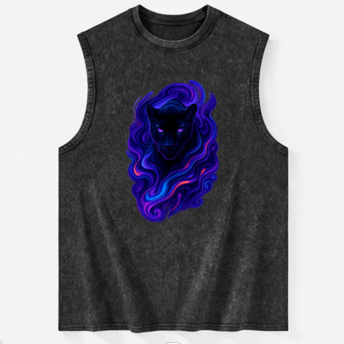 Sleek black panther emerging from swirls of deep purple and electric blue, - Vintage Washed Tank