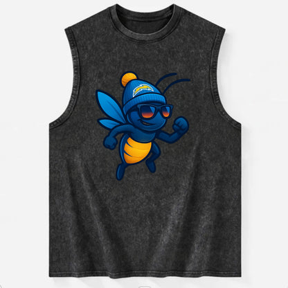 LA Lightning Bug wearing Chargers powder blue and gold beanie with pom pom - Vintage Washed Tank - Black