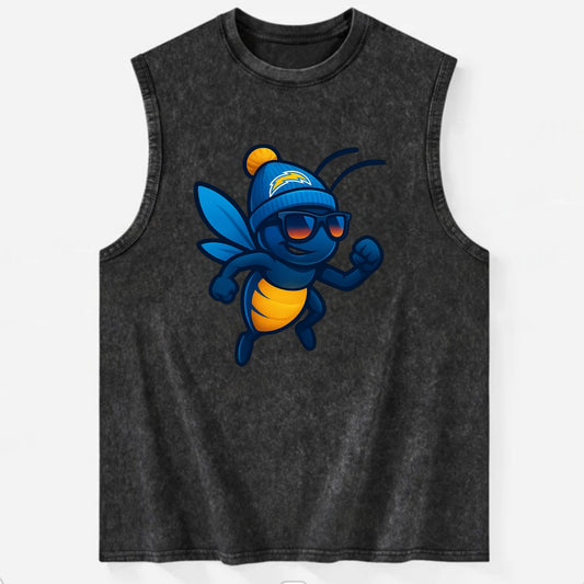 LA Lightning Bug wearing Chargers powder blue and gold beanie with pom pom - Vintage Washed Tank - Black