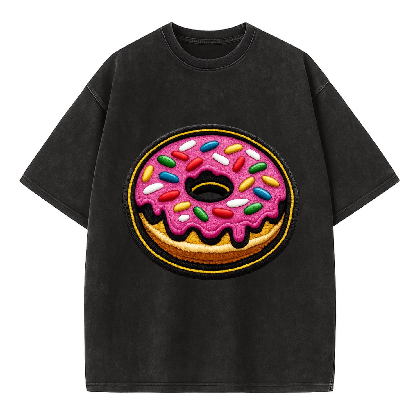 DONUT SPRINKLES - glazed donut with sprinkles in pink and rainbow , sweet treat - Vintage T-shirt - Black