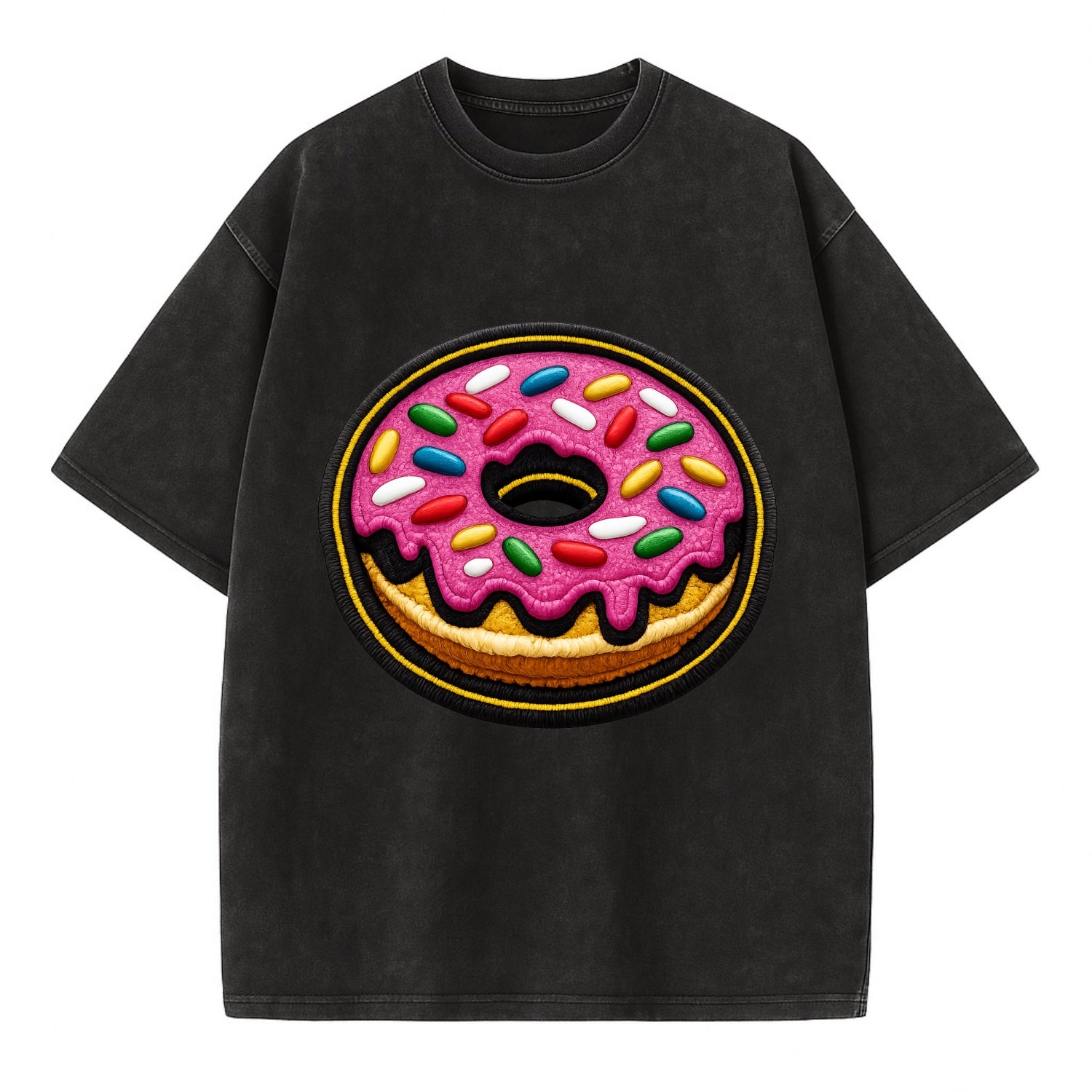DONUT SPRINKLES - glazed donut with sprinkles in pink and rainbow , sweet treat - Vintage T-shirt - Black